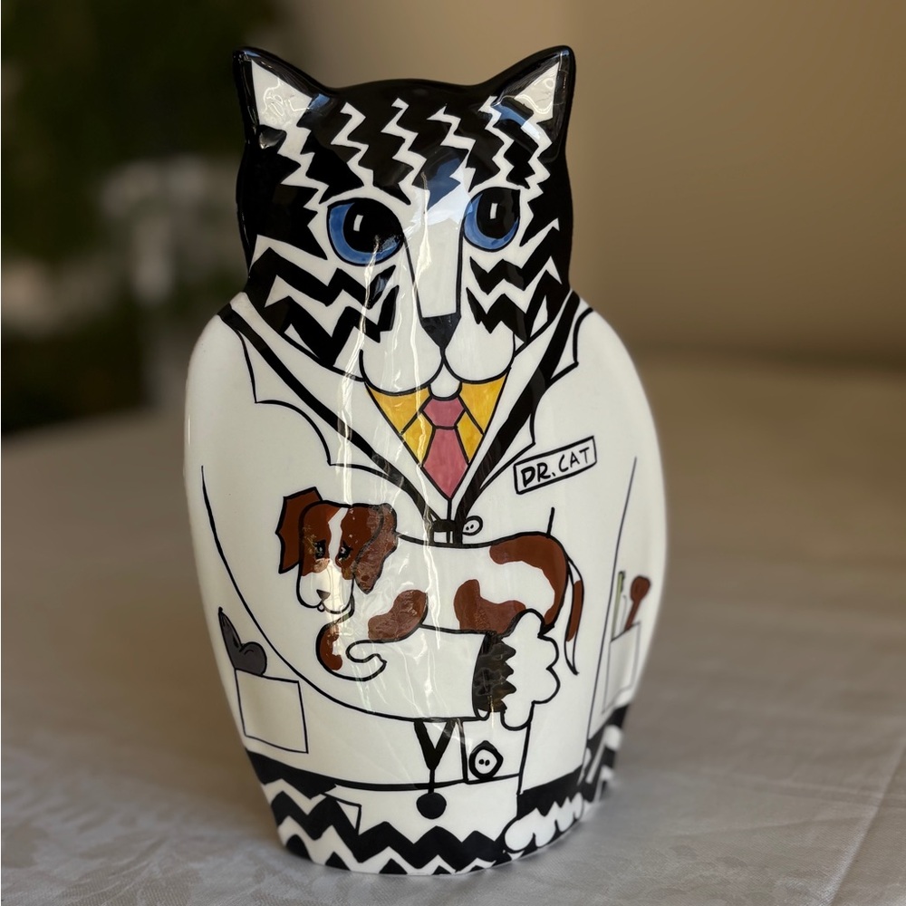 Nina Lyman Dr. Cat Ceramic Figurine with Dog Vase Furry Parent Plant Parent Gift